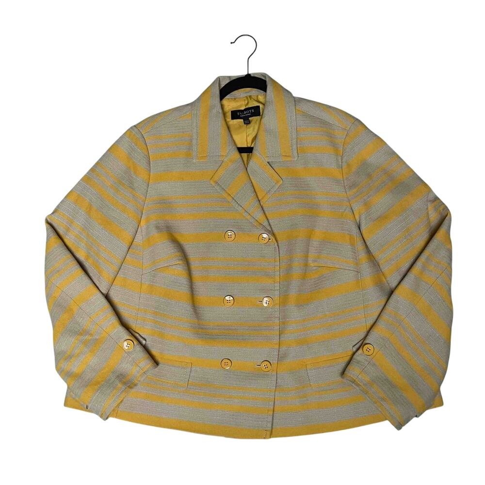 Talbots Women's Double-Breasted Blazer Yellow Gray Stripe Cotton Blend Size 20WP